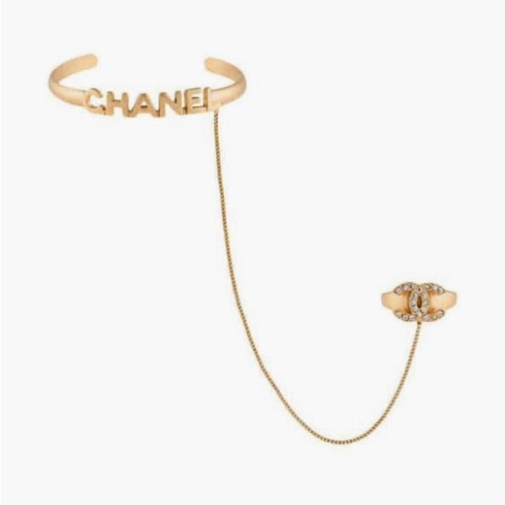 RARE! Like NEW Chanel Ring & Bracelet BANGLE CHAIN LINKED Rhinestone-Embellished